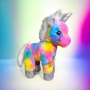 Build a Bear Rainbow Unicorn Tie-Dye Plush 17” Tall Sparkly Metallic Hooves/Horn